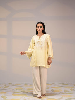 Lakshita - Zareen Watermelon Butter Yellow Embroidered Satin Kurti for Women