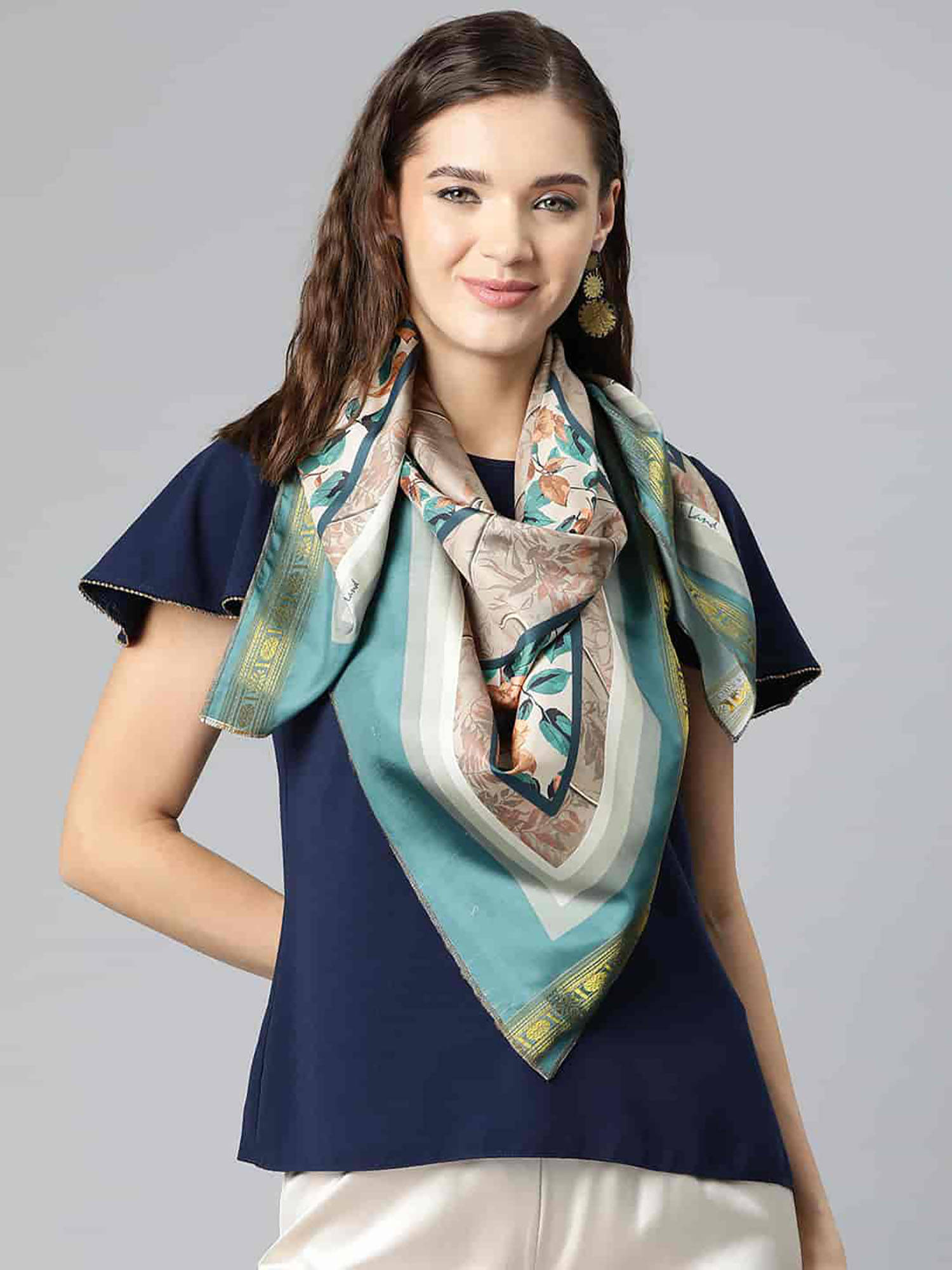 silk land Women Teal Printed Scarf (M)-picture-8