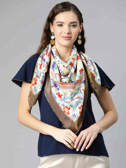 Silk Land - Women White Printed Scarf (M)