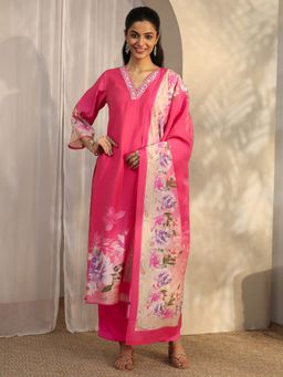 Libas - Red Floral Printed Straight Kurta with Trouser and Dupatta