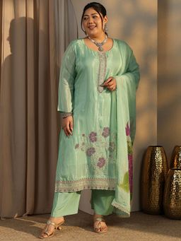 Extra love by Libas - Plus Size Green Zari Embellished Kurta and Trouser with Dupatta