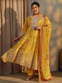 Extra love by Libas - Plus Size Mustard Anarkali Kurta and Trousers and Dupatta