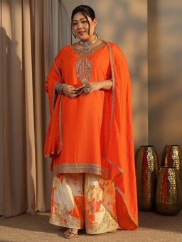 Extra love by Libas - Plus Size Orange Zari Embroidered Straight Kurta with Palazzo and Dupatta
