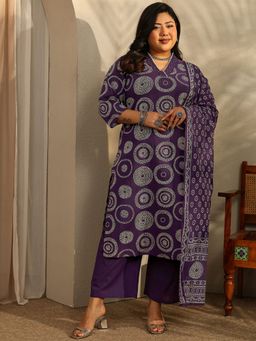 Extra love by Libas - Plus Size Purple Bandhani Printed Straight Kurta with Trouser and Dupatta