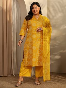 Extra love by Libas - Plus Size Mustard Bandhani Printed Straight Kurta with Trouser and Dupatta