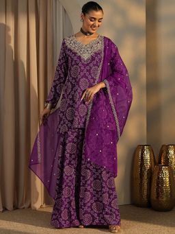 Libas - Purple Bandhani Printed Short A-Line Kurti with Palazzo and Dupatta