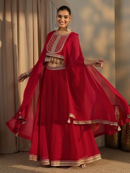Libas Art - Red Thread Work Embroidered Top with Attached Shrug and Palazzo