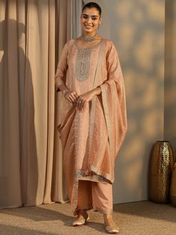 Libas - Peach Woven Design Embellished Panelled Kurta and Trouser with Dupatta
