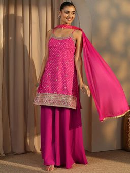 Libas - Pink Bandhani Printed and Zari Embellished Kurti with Palazzo and Dupatta
