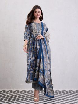 CHETI - Women High Slit Chanderi Silk Kurta & Pants With Dupatta Blue