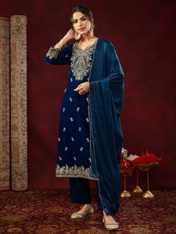 Janasya - Womens Teal Blue Velvet Embellished Gold Printed Straight Kurta & Pants With Dupatta