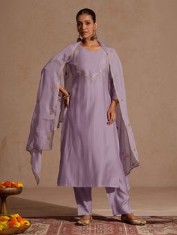 Janasya - Womens Lavender Silk Blend Straight Kurta & Pants With Dupatta