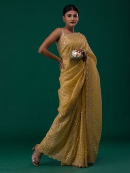 Koskii - Mustard Sequin Work Organza Designer Saree With Unstitched Blouse