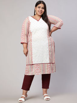 Jaipur Kurti - Cotton Cambric Plus Size White And Maroon Ethnic Printed Straight Kurta