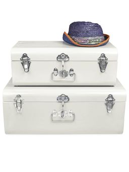 Living With Elan - Vintage Trunk, Storage Chest (Metal, Off-White, Set Of 2, Rectangular)