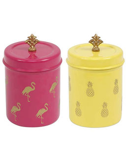 Living With Elan - Stainless Steel Round Flamingo Pineapple Canisters (Set Of 2)