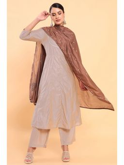 Soch - Women Beige Chanderi Solid Suit (Set of 3)