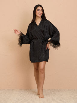 Nykd by Nykaa - Luxe Satin Faux Feather Robe With Lace & Belt Detail-NYS920U-Black-Free Size