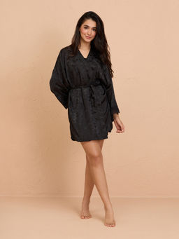 Nykd by Nykaa - Luxe Satin Robe with Stylish Lace and Belt Detail-NYS920-Black-Free Size