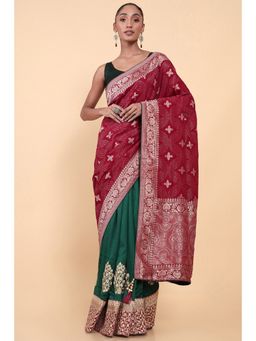 Soch - Women Maroon Silk Woven Saree with Unstitched Blouse