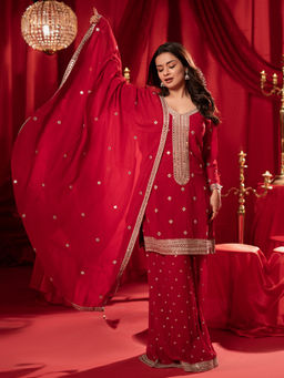 Libas - Red Padded Embroidered Short Kurta with Wide Leg Palazzo & Dupatta (Set of 3)