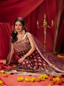 Libas Art - Burgundy Embroidered Embellished Anarkali Kurta and Palazzo with Dupatta (Set of 3)