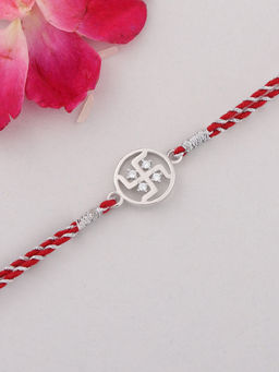 Ornate Jewels - 925 Silver American Diamond Swastik Thread Rakhi for Brother with Roli Chawal
