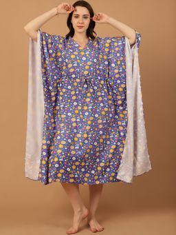Blissence - Women Blue Floral Printed Kaftan Nightdress