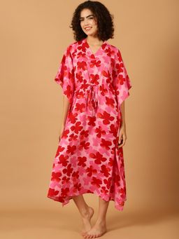 Blissence - Women Red And Pink Floral Printed Kaftan Nightdress