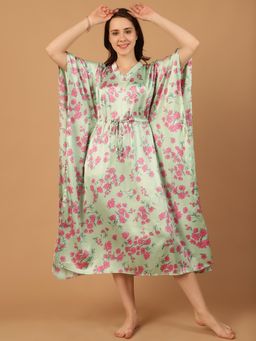 Blissence - Women Green Floral Printed Kaftan Nightdress
