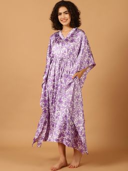 Blissence - Women Purple Floral Printed Kaftan Nightdress