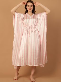Blissence - Women Pink And White Stripped Kaftan Nightdress