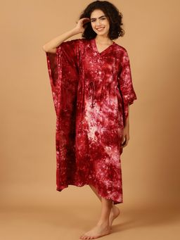 Blissence - Women Maroon Tie And Dye Kaftan Nightdress