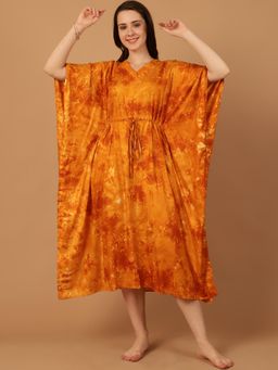 Blissence - Women Mustard Tie And Dye Kaftan Nightdress
