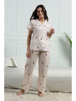 HOUSE OF COMFORT - Typography Printed Cotton Shirt And Pyjama Beige