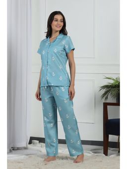 HOUSE OF COMFORT - Women Floral Printed Shirt And Pyjama Blue