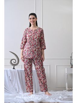 HOUSE OF COMFORT - Floral Printed Round Neck Pure Cotton Top With Pyjama