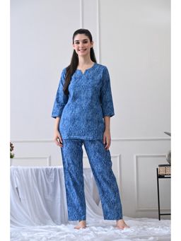 HOUSE OF COMFORT - Printed Pure Cotton Top With Pyjama Blue