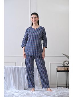 HOUSE OF COMFORT - Striped Pure Cotton Top With Pyjama Navy Blue