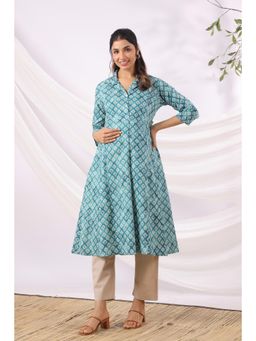 CRAFIQA - Teal Ikat Diamonds Cotton Maternity - Nursing Kurta