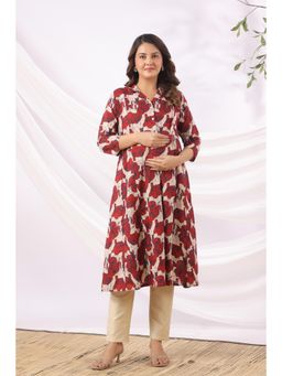 CRAFIQA - Red Blossom Wave Cotton Maternity - Nursing Kurta
