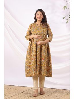 CRAFIQA - Mustard Kalamkari Bird Paradise Cotton Maternity - Nursing Kurta