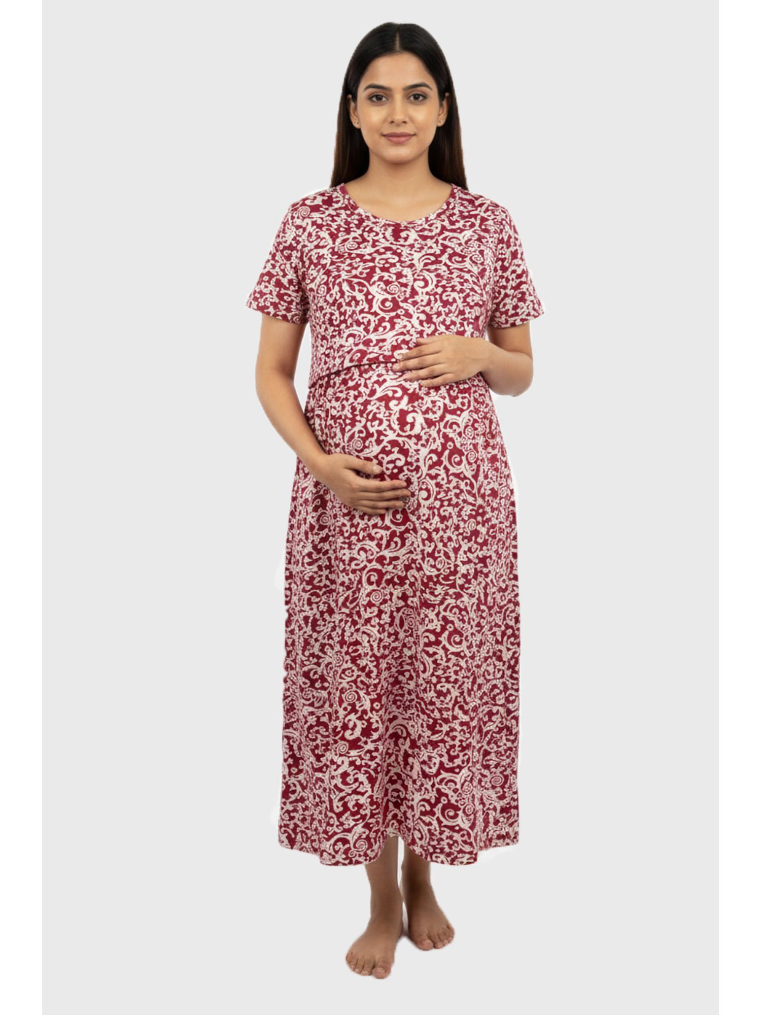 Round Neck Cotton Short Sleeves Red Swirls Dress - Ruby Red-image-4
