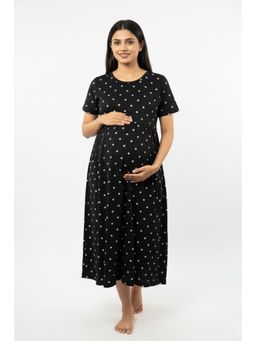 Putchi - Round Neck Cotton Short Sleeves Star Light Dress - Charcoal Black