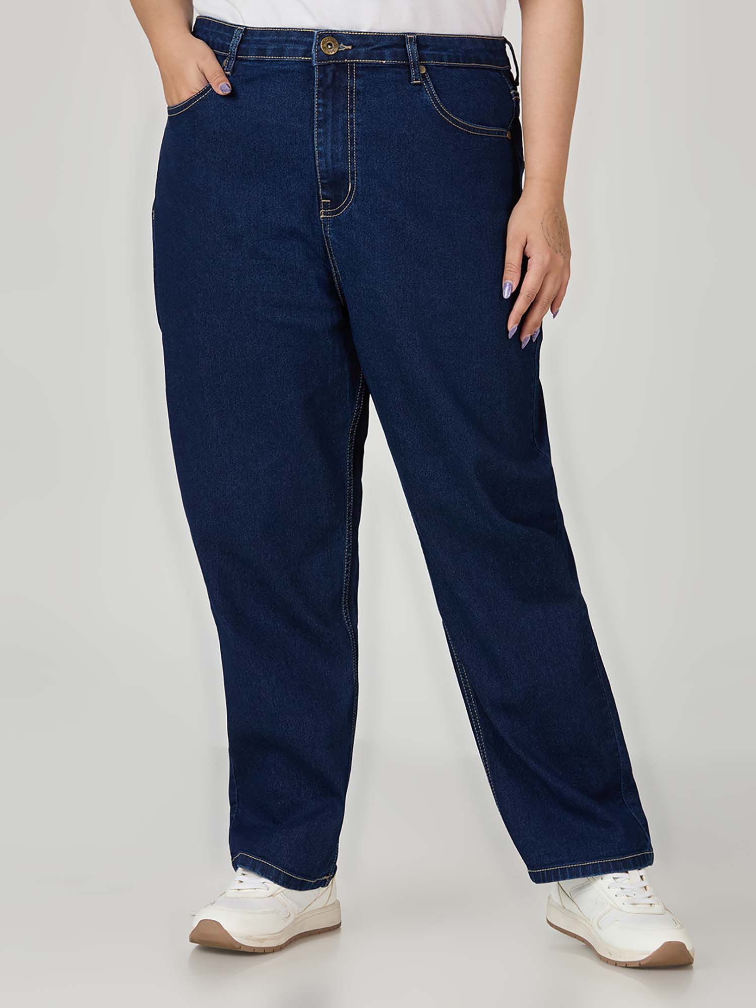 style quotient Women's Plus Size Dark Blue Straight Fit High Rise Stretchable Jeans-picture-14
