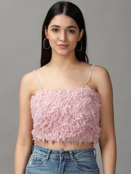 SHOWOFFFF - Womens Shoulder Straps Tube Self Design Pink Crop Top