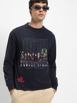 Bewakoof - Official Naruto Men's Blue Akatsuki Graphic Printed Oversized Acid Wash T-shirt