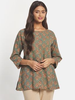 Fabindia - Green Cotton Dabu Printed Slim Fit Short Kurta