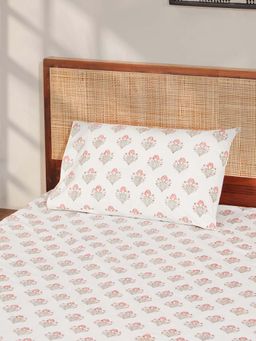 Fabindia - White Naeem Buta Cotton Printed Bed Sheet With 1 Pillow Cover Single