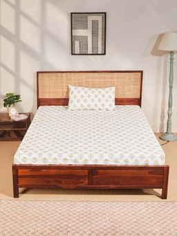 Fabindia - White Naeem Buta Cotton Printed Bed Sheet With 1 Pillow Cover Single